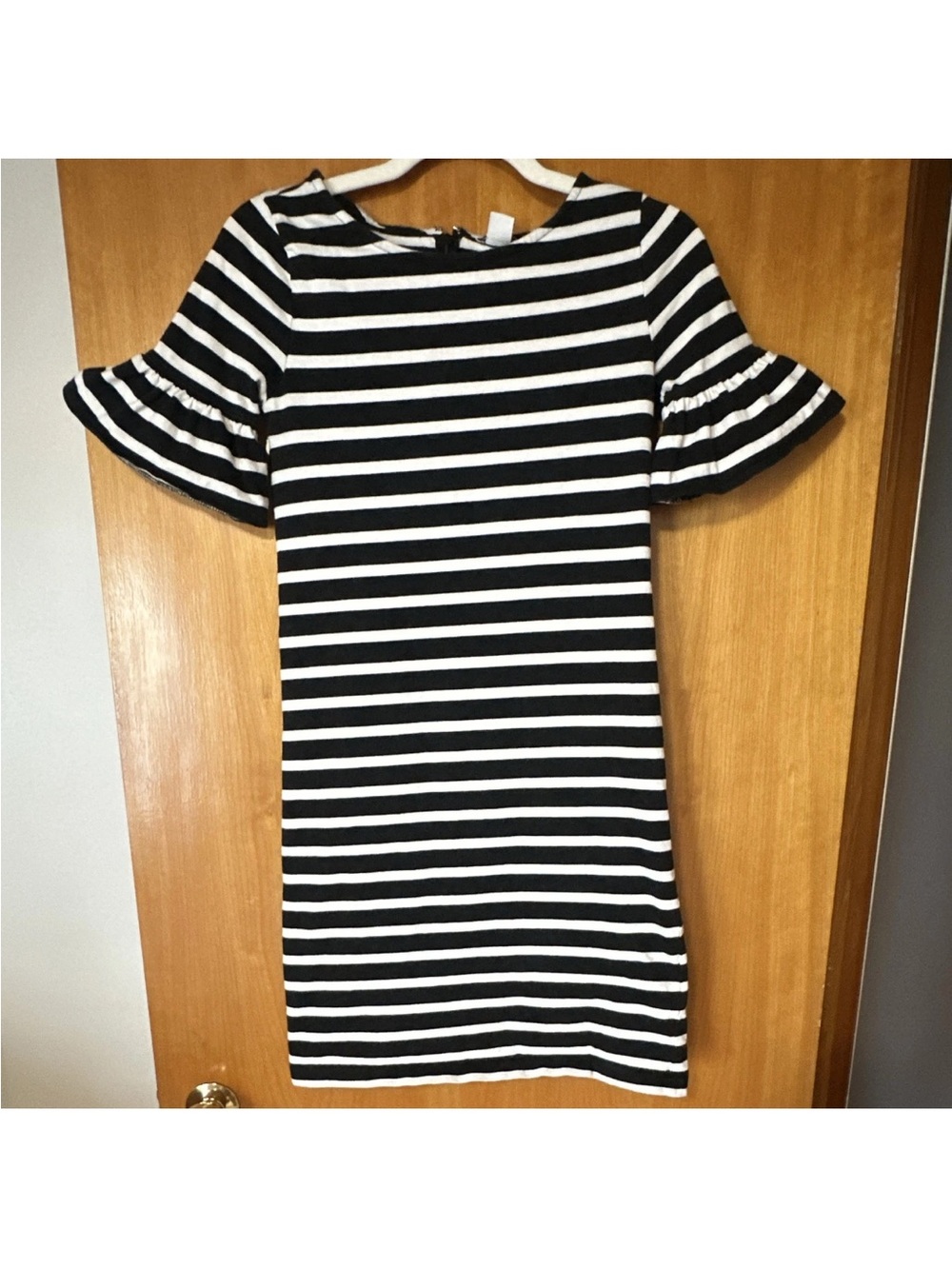 J.CREW Black White Striped Round Neck Cotton Bell Sleeve Shift Mini Dress XXS
